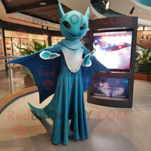 Teal Manta Ray mascot costume character dressed with a Shift Dress and Belts