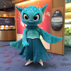 Teal Manta Ray mascot costume character dressed with a Shift Dress and Belts