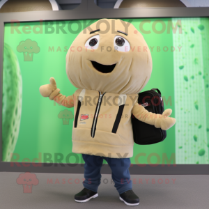 Beige Cucumber mascot costume character dressed with a Bomber Jacket and Wallets