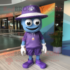 Purple Wedding Cake mascot costume character dressed with a Board Shorts and Hat pins