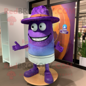 Purple Wedding Cake mascot costume character dressed with a Board Shorts and Hat pins