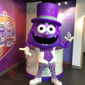 Purple Wedding Cake mascot costume character dressed with a Board Shorts and Hat pins