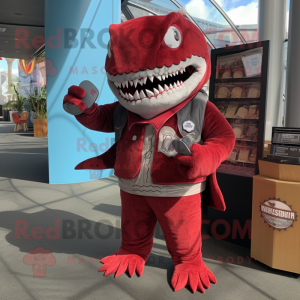 Red Megalodon mascot costume character dressed with a Corduroy Pants and Coin purses