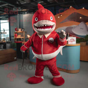 Red Megalodon mascot costume character dressed with a Corduroy Pants and Coin purses