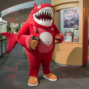 Red Megalodon mascot costume character dressed with a Corduroy Pants and Coin purses