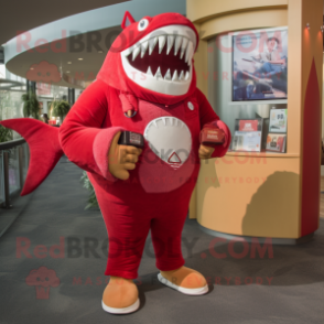 Red Megalodon mascot costume character dressed with a Corduroy Pants and Coin purses