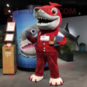 Red Megalodon mascot costume character dressed with a Corduroy Pants and Coin purses