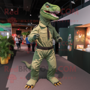 Forest Green Tyrannosaurus mascot costume character dressed with a Jumpsuit and Suspenders