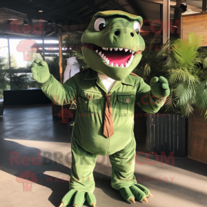 Forest Green Tyrannosaurus mascot costume character dressed with a Jumpsuit and Suspenders