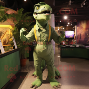 Forest Green Tyrannosaurus mascot costume character dressed with a Jumpsuit and Suspenders