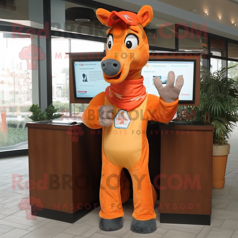 Orange Horse mascot costume character dressed with a Dress Shirt and Mittens Orange Horse mascot costume character dressed with a Dress Shirt and Mittens