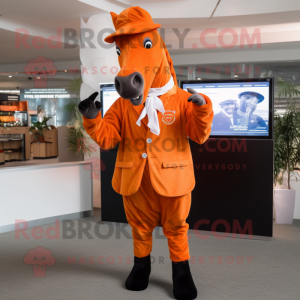 Orange Horse mascot costume character dressed with a Dress Shirt and Mittens