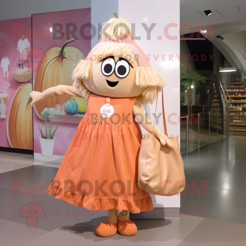 Peach Spaghetti mascot costume character dressed with a Dress and Tote bags Peach Spaghetti mascot costume character dressed with a Dress and Tote bags
