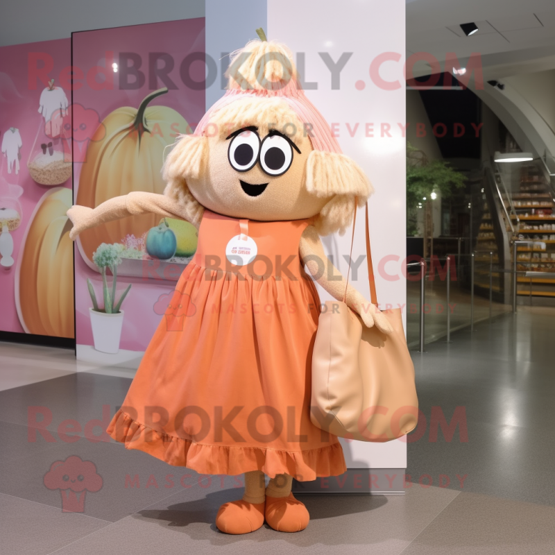 Peach Spaghetti mascot costume character dressed with a Dress and Tote bags