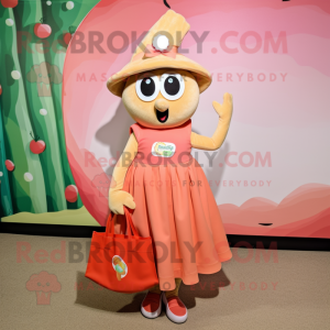 Peach Spaghetti mascot costume character dressed with a Dress and Tote bags