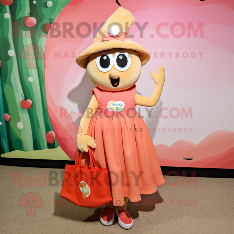 Peach Spaghetti mascot costume character dressed with a Dress and Tote bags Peach Spaghetti mascot costume character dressed with a Dress and Tote bags