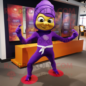 Purple Tikka Masala mascot costume character dressed with a Yoga Pants and Bow ties