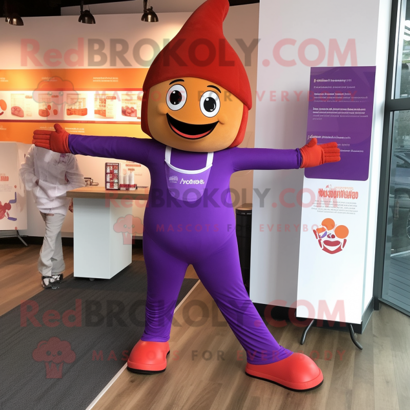 Purple Tikka Masala mascot costume character dressed with a Yoga Pants and Bow ties Purple Tikka Masala mascot costume character dressed with a Yoga Pants and Bow ties