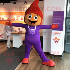 Purple Tikka Masala mascot costume character dressed with a Yoga Pants and Bow ties