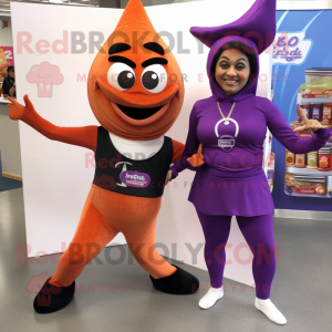 Purple Tikka Masala mascot costume character dressed with a Yoga Pants and Bow ties