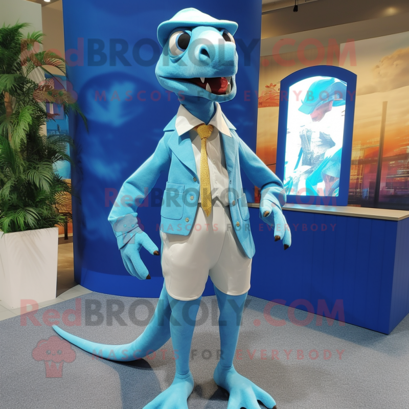 Sky Blue Coelophysis mascot costume character dressed with a Pleated Skirt and Pocket squares