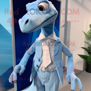 Sky Blue Coelophysis mascot costume character dressed with a Pleated Skirt and Pocket squares