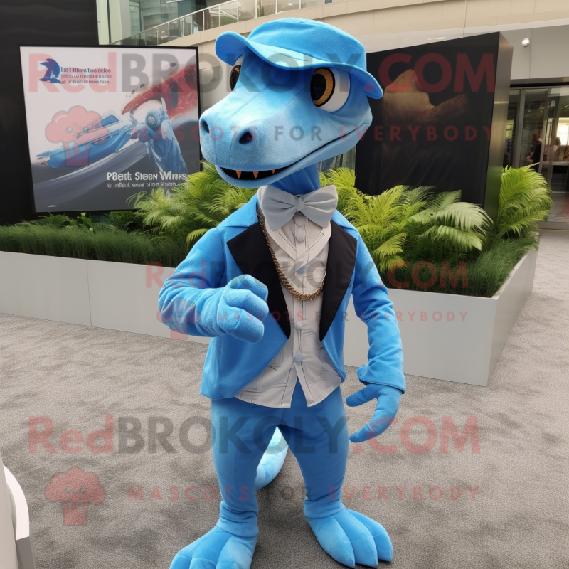 Sky Blue Coelophysis mascot costume character dressed with a Pleated Skirt and Pocket squares