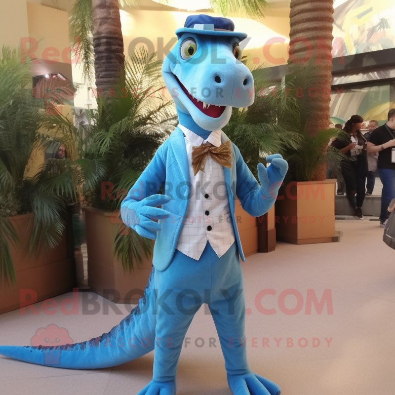 Sky Blue Coelophysis mascot costume character dressed with a Pleated Skirt and Pocket squares