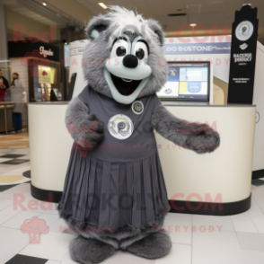 Gray Guinness mascot costume character dressed with a Maxi Dress and Lapel pins