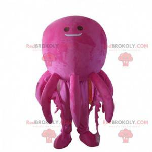Gigantisk og smilende rosa blekksprutmaskot, blekksprutdrakt -