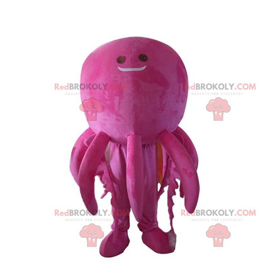 Mascotte de pieuvre rose géante et souriante, costume de poulpe