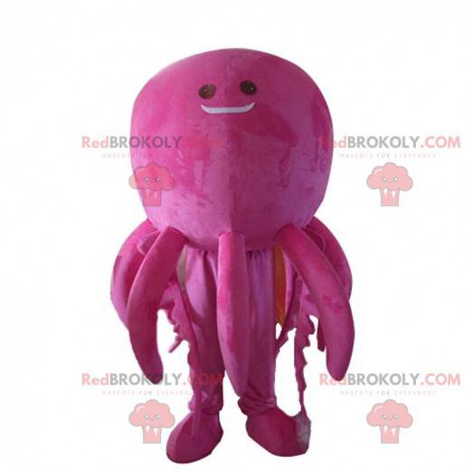 Reusachtige en lachende roze octopus mascotte, octopus kostuum