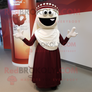 Maroon Moussaka mascot costume character dressed with a Wedding Dress and Headbands