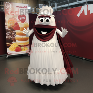 Maroon Moussaka mascot costume character dressed with a Wedding Dress and Headbands