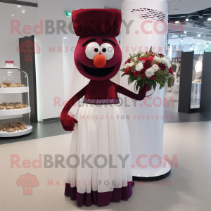 Maroon Moussaka mascot costume character dressed with a Wedding Dress and Headbands