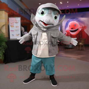 Silver Salmon mascot costume character dressed with a Jacket and Wraps