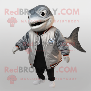 Silver Salmon mascot costume character dressed with a Jacket and Wraps