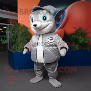 Silver Salmon mascot costume character dressed with a Jacket and Wraps