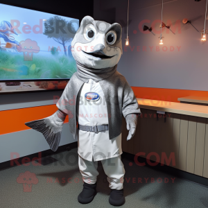 Silver Salmon mascot costume character dressed with a Jacket and Wraps