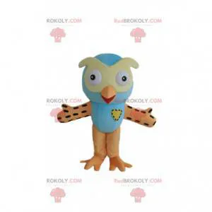Blue and orange owl mascot, colorful owl costume -