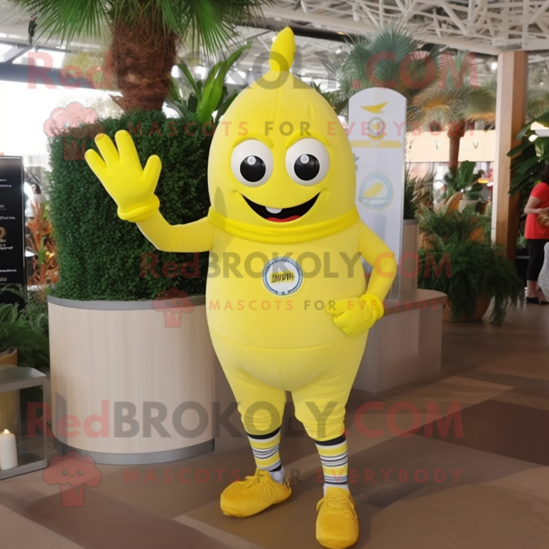 Lemon Yellow Aglet mascot costume character dressed with a V-Neck Tee and Bracelets