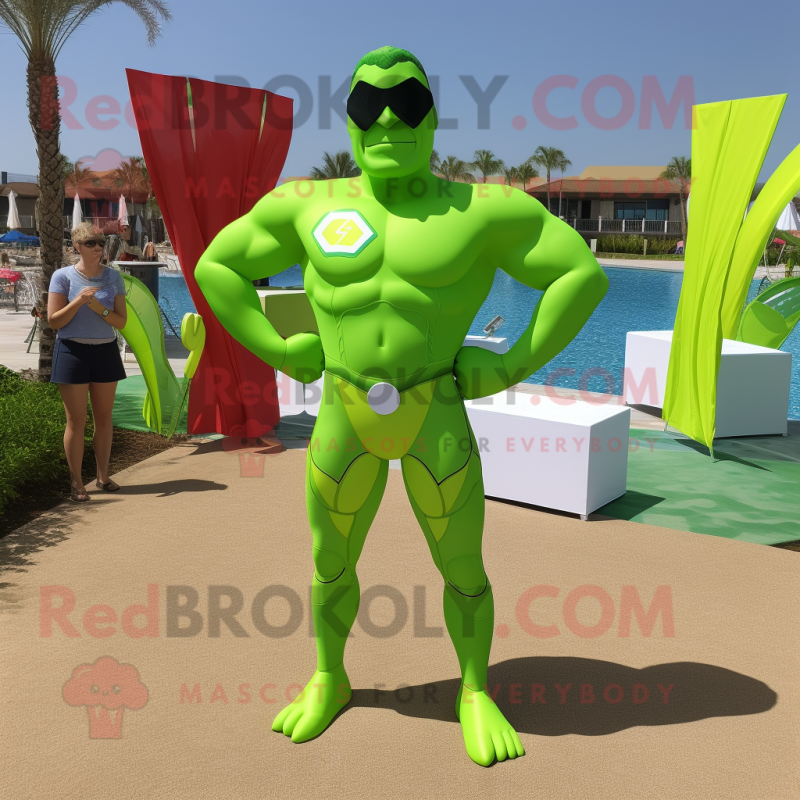 Lime Green Superhero mascot costume character dressed with a Swimwear and Earrings Lime Green Superhero mascot costume character dressed with a Swimwear and Earrings