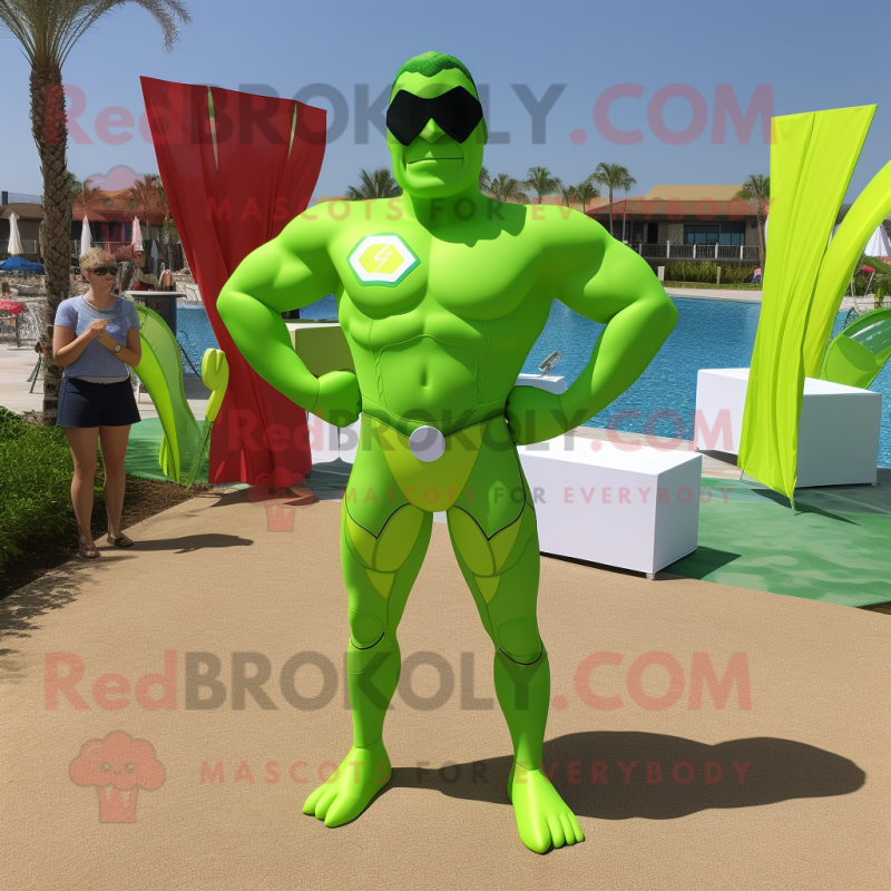 Lime Green Superhero mascot costume character dressed with a Swimwear and Earrings