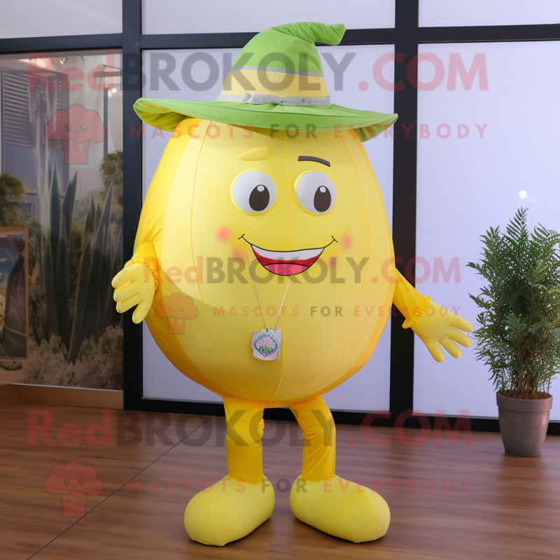 Lemon Yellow Melon mascot costume character dressed with a Flare Jeans and Ties