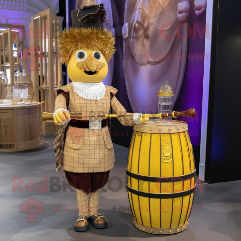 Gold Bagpipe mascot costume character dressed with a Cocktail Dress and Earrings Gold Bagpipe mascot costume character dressed with a Cocktail Dress and Earrings