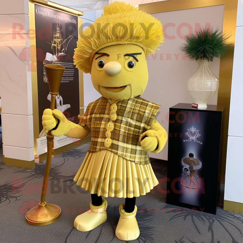 Gold Bagpipe mascot costume character dressed with a Cocktail Dress and Earrings Gold Bagpipe mascot costume character dressed with a Cocktail Dress and Earrings