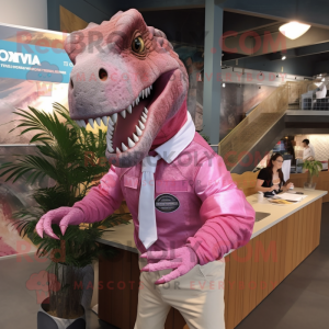 Pink Allosaurus mascot costume character dressed with a Button-Up Shirt and Hair clips