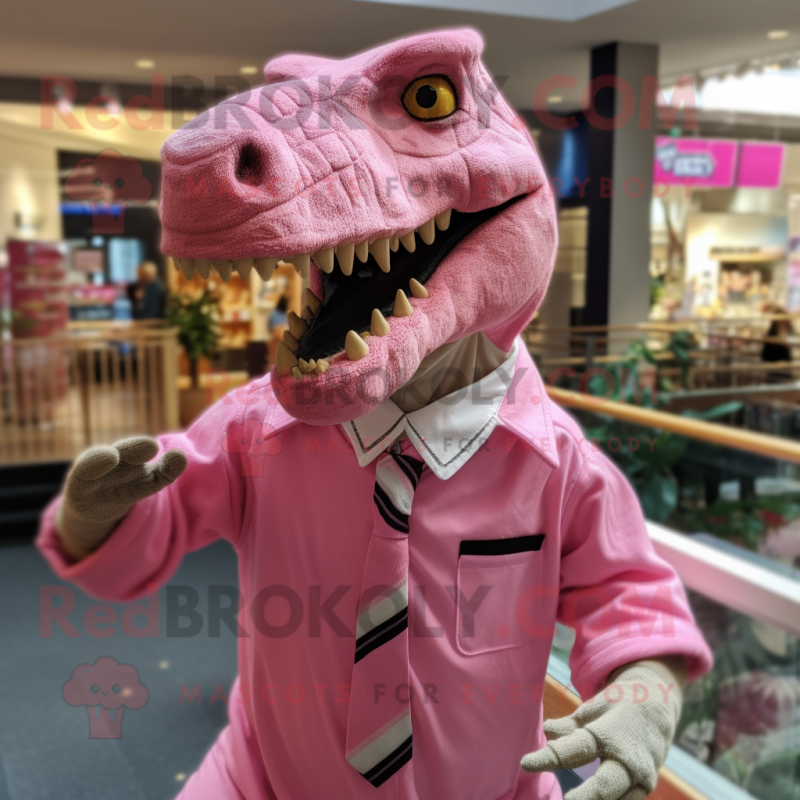 Pink Allosaurus mascot costume character dressed with a Button-Up Shirt and Hair clips