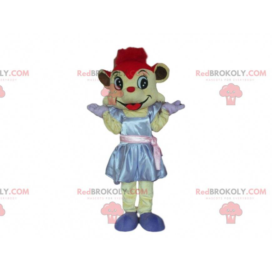 Mausmaskottchen mit einem Kleid und roten Haaren -