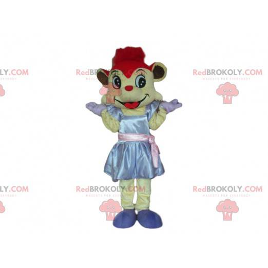 Mascotte de souris avec une robe et les cheveux rouges -